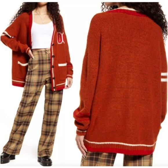 NWT BP Nordstrom Womens‎ Oversized Varsity Cardigan Rust Ivory Taylor Swift - Picture 3 of 16